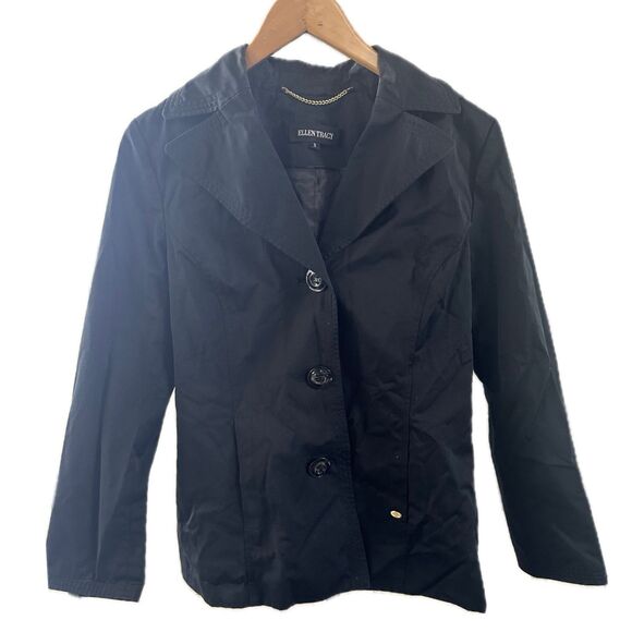 Ellen Tracy Black Button Down Side Pockets Removable Hood Short Trench Coat S - Picture 1 of 10